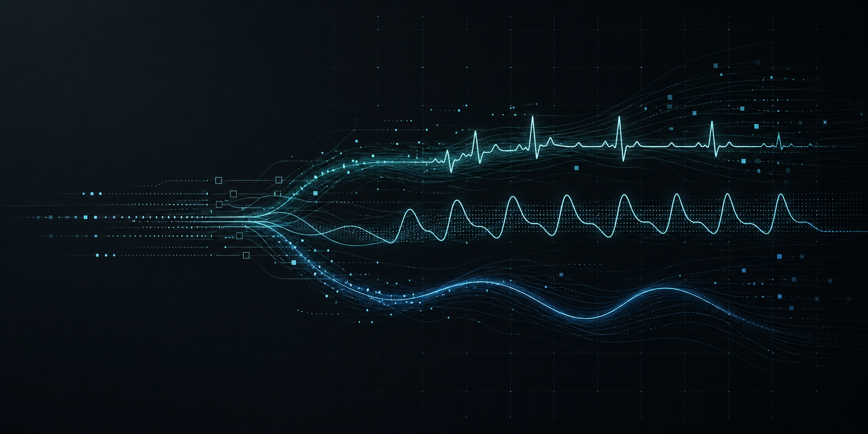 Abstract teal ECG, plethysmography, and respiration waveforms flowing through a dark field of data traces.